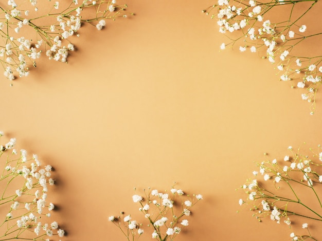 Beige fashion, flowers flat lay background