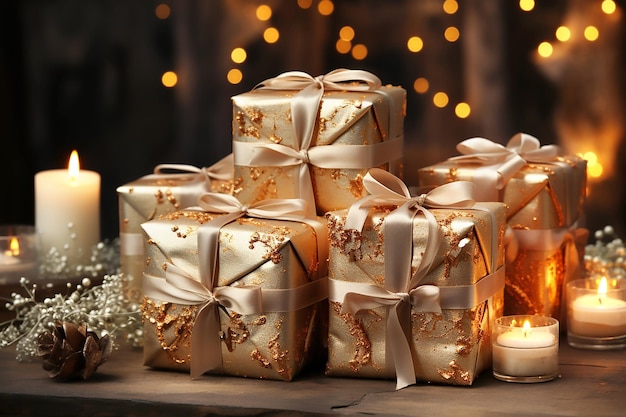 Beige gift boxes with beige bows on the background of bokeh effect Generative AI