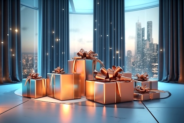 Beige gift boxes with beige bows in interior Generative AI