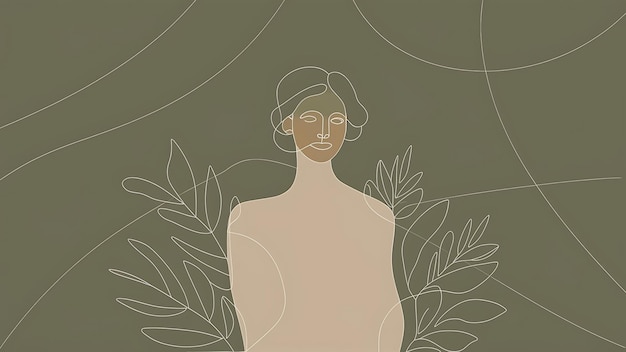 Photo beige and green minimal aesthetic woman line art