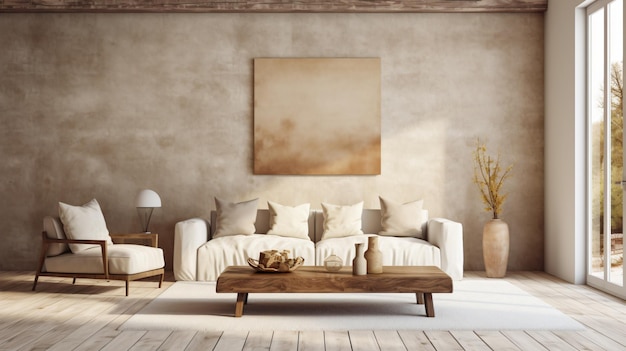 Beige grunge stucco wall with rustic wall decor