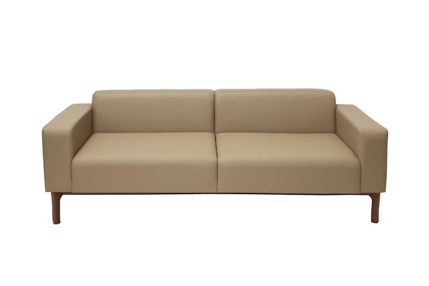 Beige leather ofice couch in strict style on white background front view