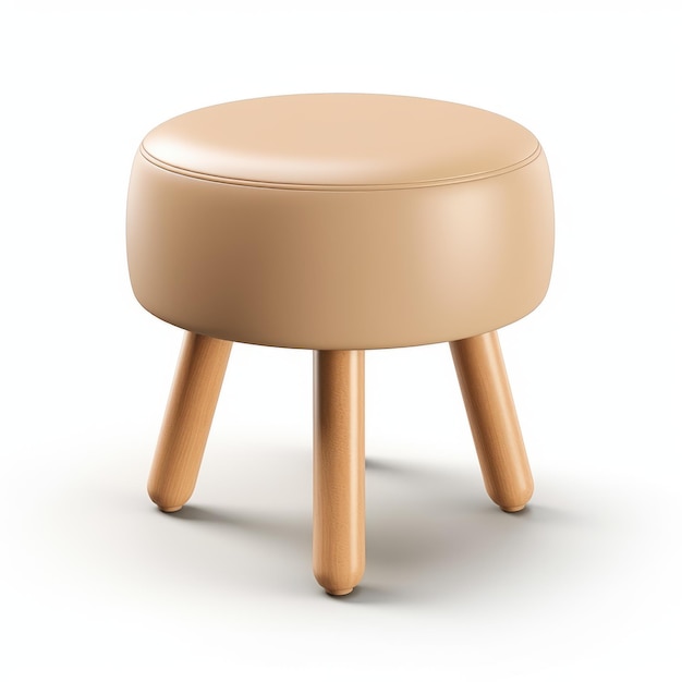 Beige Leather Stool With Wood Legs Realistic 3d Render