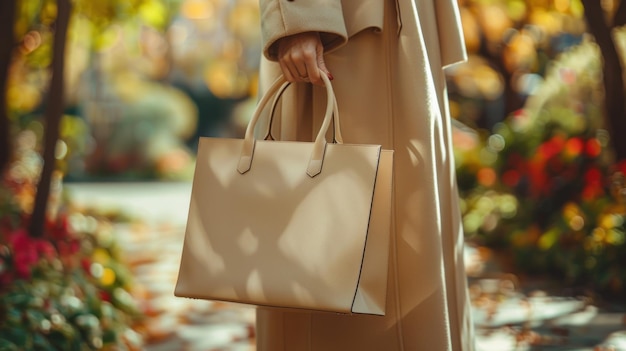 Beige Leather Tote Bag in Fall Foliage