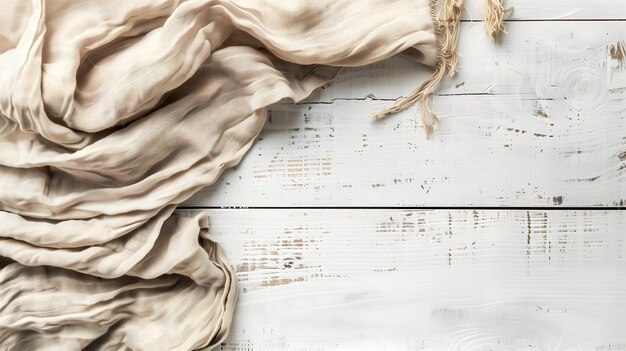 Beige Linen Towel on White Wooden Surface