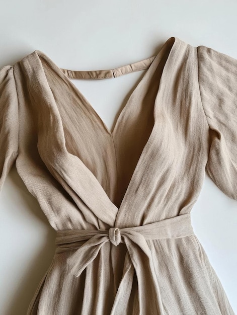 Photo beige linen wrap dress with vneck