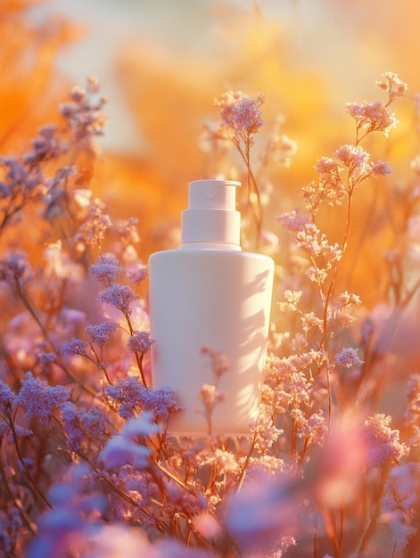 Photo beige liquid foundation bottle in floral setting