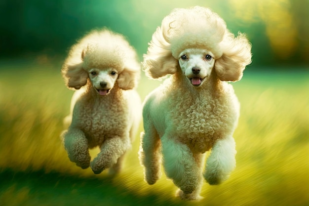 Beige little poodles in collar running on green gr on blurred background