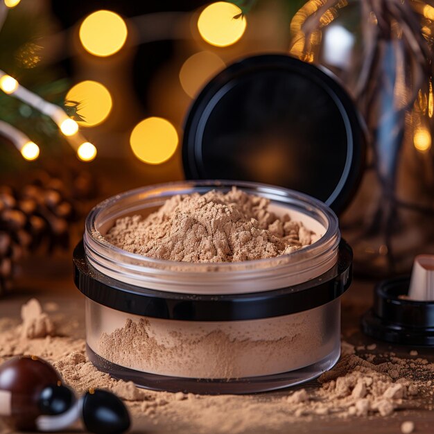 Beige loose mineral powder cosmetics for makeup in transparent jar with natural ingredients