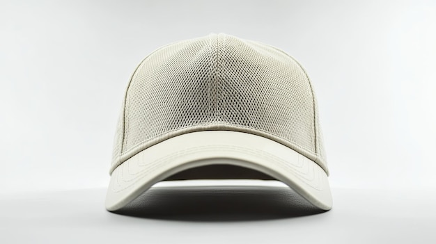 A beige mesh and leather baseball cap facing forward