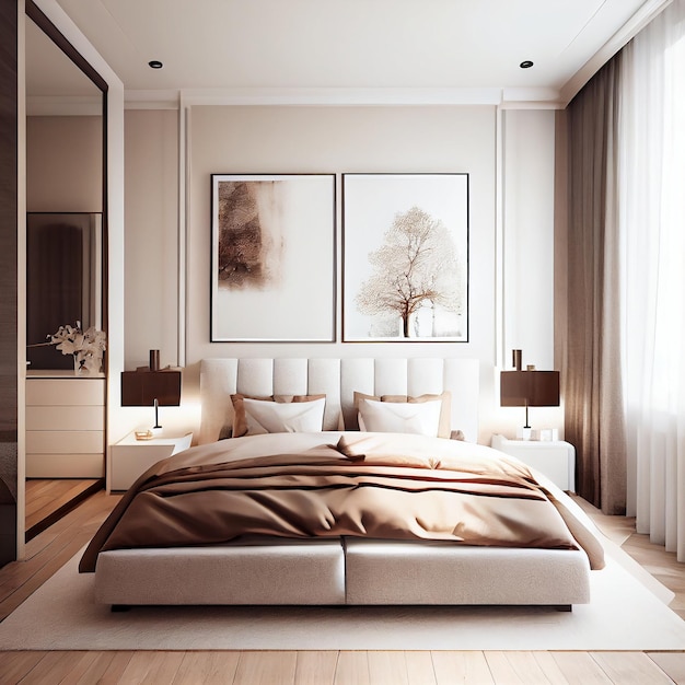 Beige Minimalist Modern Bedroom Interior Design Generative AI