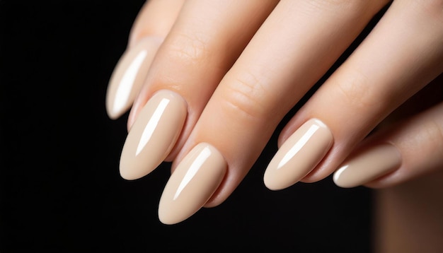 beige natural manicure on black background