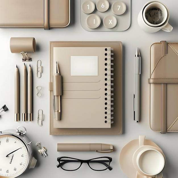 Beige Office Supplies and Accessories on a White Desk Illustration