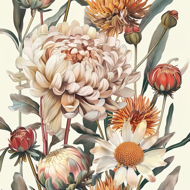 Photo beige and orange peonies beautiful bouquet of flowers detailed botanical illustration