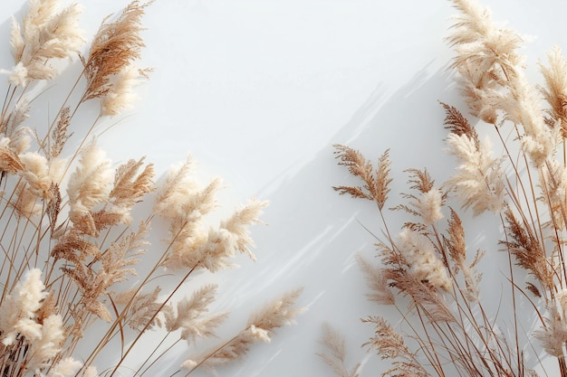 Beige pampas grass on white background top view minimalist style beige color white wall in the b