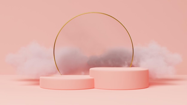 Beige pink podium mockup geometric shapes gold ring with glass and pink clouds template product d