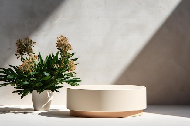 Beige podium for product presentation with plant in pot