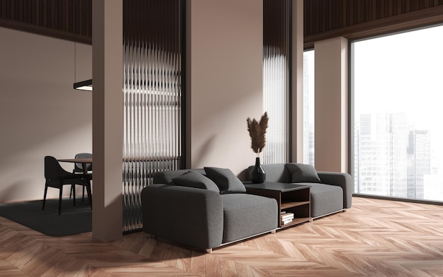 Beige relax room interior with armchairs and dinner table panoramic window