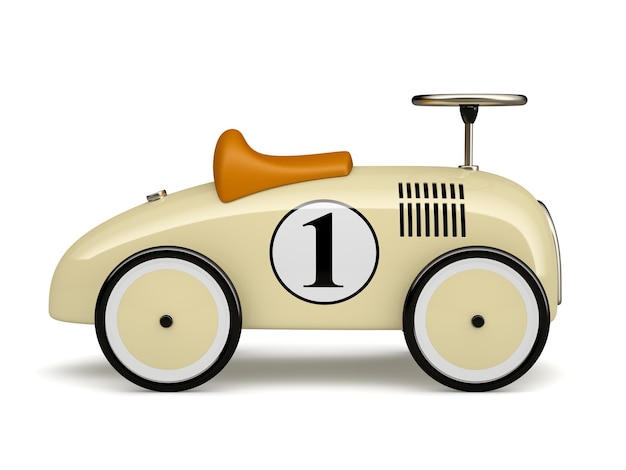 Photo beige retro toy car number one isolated on white background