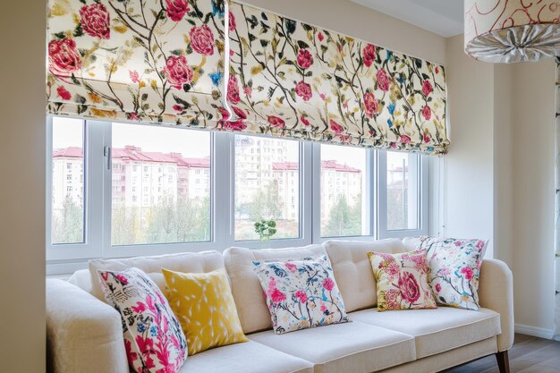 Photo beige room featuring a bold floral patterned window cover perfect for interior design inspiration and home decor projects