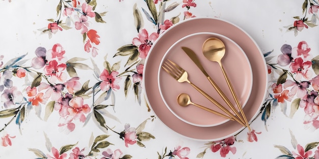 Beige round plates and golden cutlery on a white tablecloth with floral pattern table top view above Flat lay design Ceramic utensils serving Tableware dishes Fork and knife Modern crockery