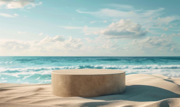 Beige round podium on the sand by the sea Product presentation