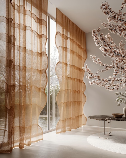 Beige Sheer Curtains Draped in a Modern Interior