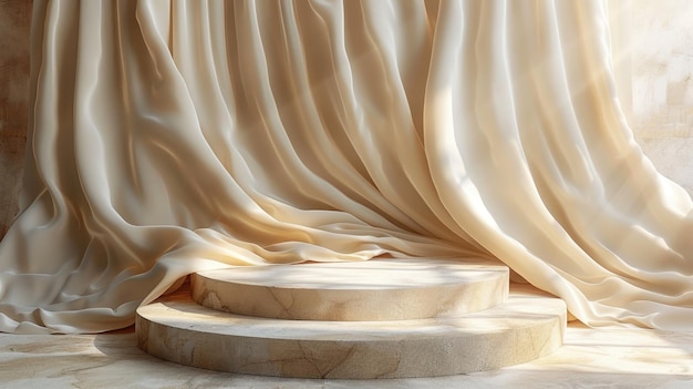 Beige silk fabric elegantly drapes over a cylindrical concrete pedestal