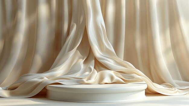 Beige silk fabric elegantly drapes over a cylindrical concrete pedestal