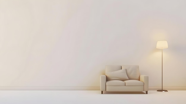 Beige sofa against white empty wall with copy space in simple living room interior w Generative AI