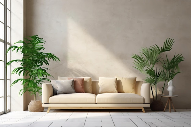 Beige sofa in a light minimalist interior with green house plants generated ai