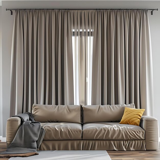 Beige Sofa with Grey Blanket and Yellow Pillow in Front of a Window with Brown Curtains Illustration