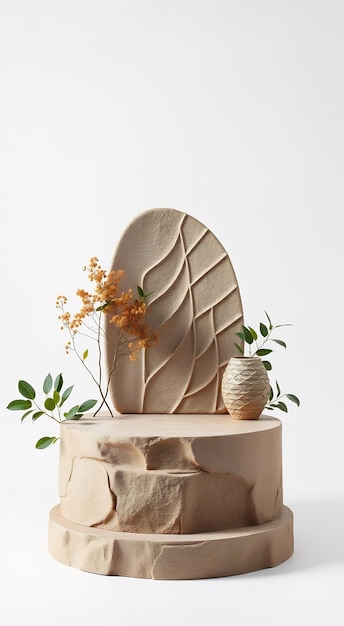 Photo beige stone podium with leaf motif backdrop small pot with green plant