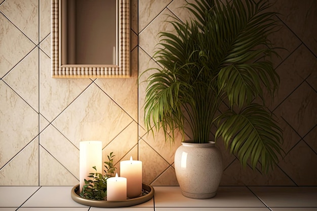 Beige tiles bathroom with candles and green palms in vase on floor created with generative ai