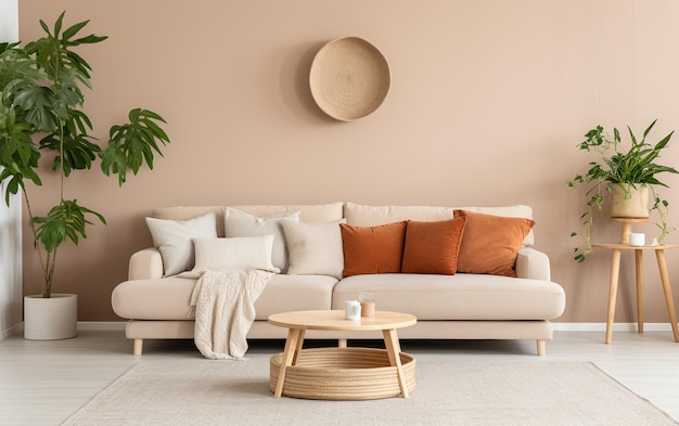 Beige Velvet Sofa with Terra Cotta Cushions Between Houseplants