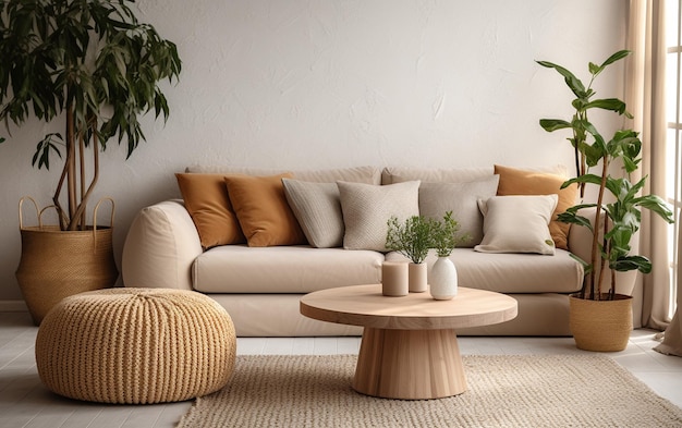 Beige Velvet Sofa with Terra Cotta Cushions Between Houseplants