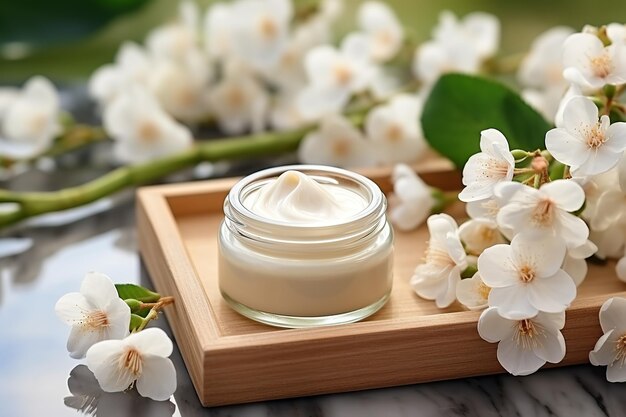 beige and white natural cosmetic vial and cream jars gift boxes flowers on natural background still life