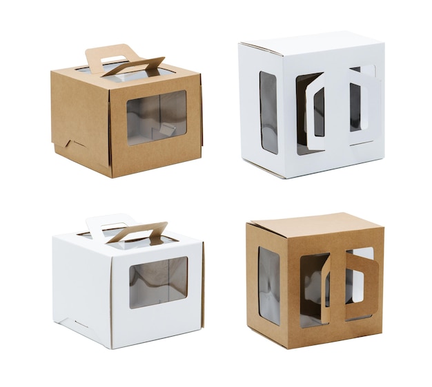 Beige and white windowed cardboard boxes with handles Over white