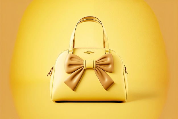 Beige youth women handbag with bow on yellow background