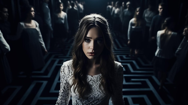 Being lost in a maze shocked face of a woman dark background with a place for text