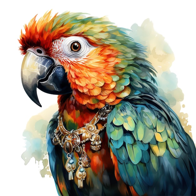 Bejewelled watercolor colorful boho style parrot with isolated white background