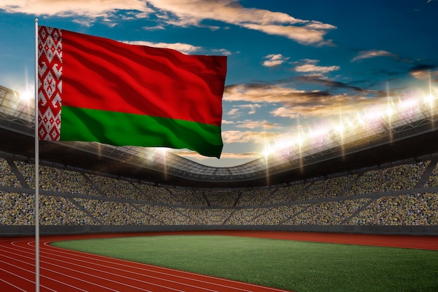 Belarusian Flag in front of a Track and field Stadium with fans.