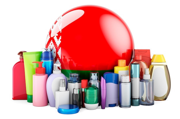 Belarusian flag with cosmetic bottles Hair facial skin and body care products 3D rendering isolated on white background