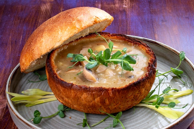 Belarusian mushroom soup in crispy homemade bread