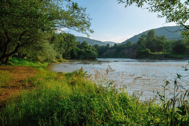 Belaya River and the Caucasus Mountains Kamennomostskii settlement Republic of Adygea Russia