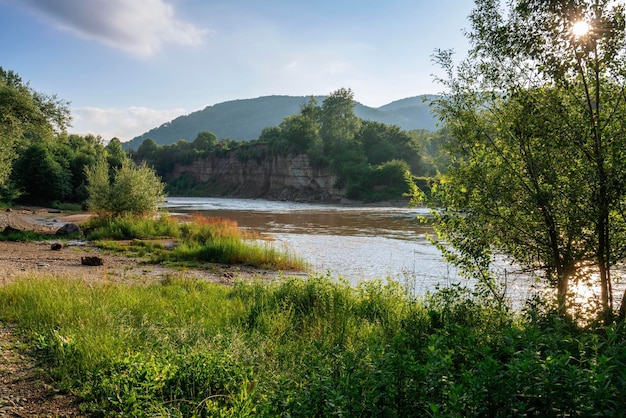 Belaya River and the Caucasus Mountains Kamennomostskii settlement Republic of Adygea Russia