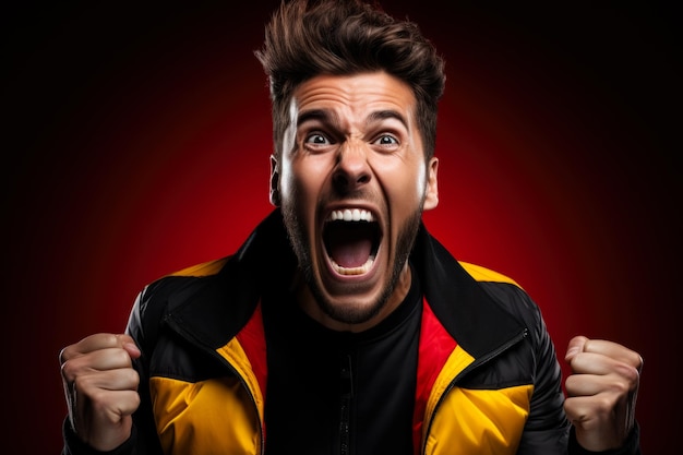 Belgian football fan celebrating a victory on black yellow and red background