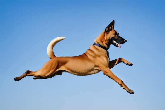 Belgian Shepherd Malinois on the guard of the border performs a jump Generative AI