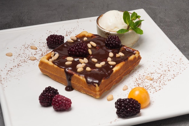 Belgian waffle with chocolate ice cream and blackberries