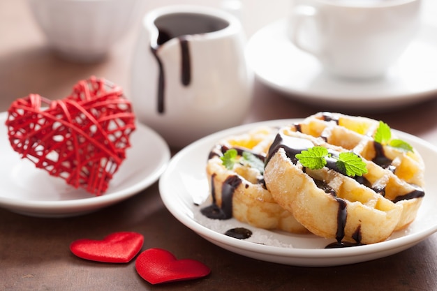 Belgian waffle with chocolate raspberry and hearts